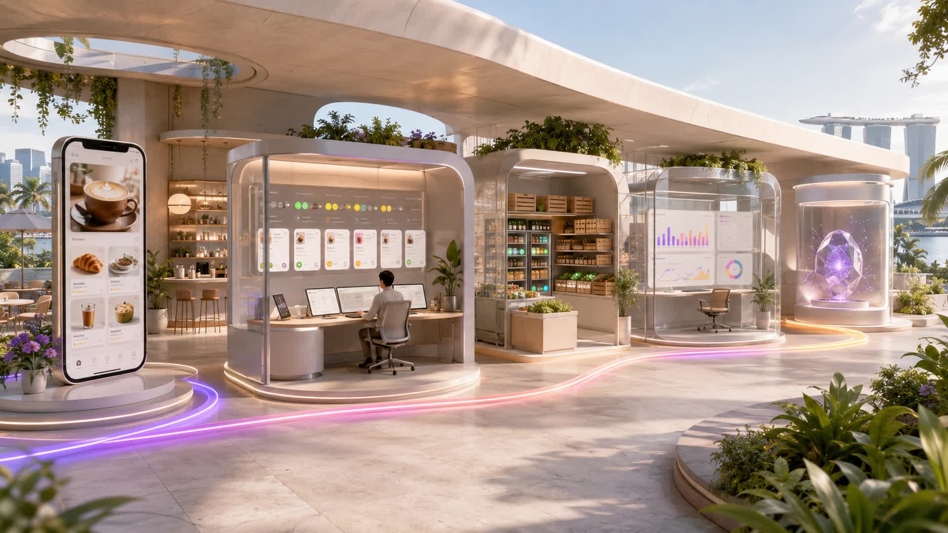A bright dimensional Sellio workspace connecting storefront, orders, inventory, analytics and AI